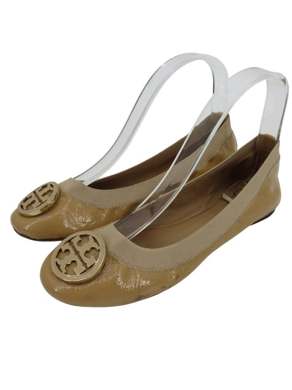 Tory Burch Women 7.5 M CAROLINE Beige Patent Leather Logo Ballet Flats Shoes